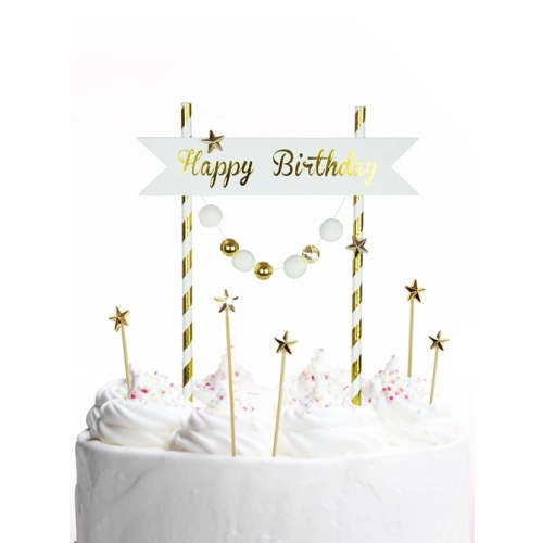 Topper girlanda ozdoby na tort napis Happy Birthday pomponiki gwiazdki biało-złote dekoracje urodzinowe